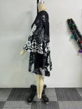 Printed Tie Split V-Neck Long Sleeve Midi Dress NY-S10882