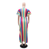 Stripe Print Tie Up Bow Maxi Dress GYLY-10517