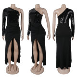 Single Shoulder Long Sleeve Sequin Split Maxi Dress NY-K3256