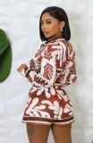 Fashion Print Lapel Long Sleeve Shorts Set XHXF-8701