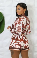 Fashion Print Lapel Long Sleeve Shorts Set XHXF-8701