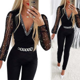 Solid Color V-neck Long Sleeve Rhinestone Jumpsuit GOSD-9473244