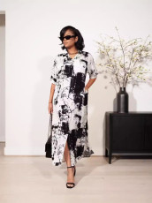 Print Loose Lapel Short Sleeve Maxi Dress OD-D8697