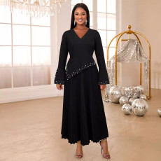 Plus Size V-Neck Flared Sleeve Studded Party Dress GKEN-AM040608