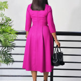 Solid Color Pleated 3/4 Sleeve Midi Dress GATE-D529