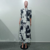 Print Loose Lapel Short Sleeve Maxi Dress OD-D8697
