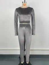 Solid Long Sleeve Tight Two Piece Pants Set GWDS-240704