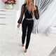 Solid Color V-neck Long Sleeve Rhinestone Jumpsuit GOSD-9473244