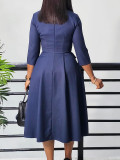 Solid Color Pleated 3/4 Sleeve Midi Dress GATE-D529