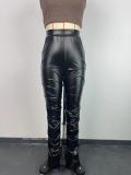 Skinny Side Pleat Split PU Leather Trousers GWDS-240796