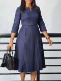 Solid Color Pleated 3/4 Sleeve Midi Dress GATE-D529