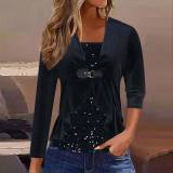 Plus Size Sequins Splicing Fake Two Piece Long Sleeve Top GOSD-DZ1468