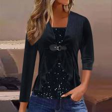Plus Size Sequins Splicing Fake Two Piece Long Sleeve Top GOSD-DZ1468