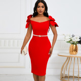 3D Floral Solid Color Belt Party Dress GATE-D528