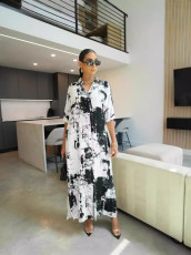 Print Loose Lapel Short Sleeve Maxi Dress OD-D8697
