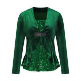 Plus Size Sequins Splicing Fake Two Piece Long Sleeve Top GOSD-DZ1468