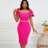 3D Floral Solid Color Belt Party Dress GATE-D528
