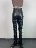 Skinny Side Pleat Split PU Leather Trousers GWDS-240796