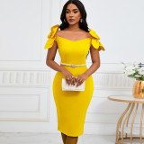 3D Floral Solid Color Belt Party Dress GATE-D528