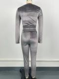 Solid Long Sleeve Tight Two Piece Pants Set GWDS-240704