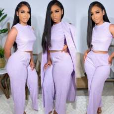 Solid Long Coat+Vest+Wide Leg Pants 3 Piece Set GDIM-D2421