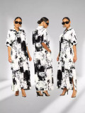 Print Loose Lapel Short Sleeve Maxi Dress OD-D8697
