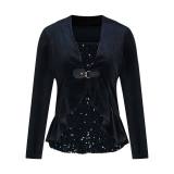 Plus Size Sequins Splicing Fake Two Piece Long Sleeve Top GOSD-DZ1468