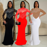 Solid Color Hot Drill Long Sleeve Maxi Dress GFYX-C7043