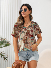V Neck Short Sleeve Print T Shirt GMES-S1036