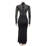 Solid Color Hot Drill Long Sleeve Maxi Dress GFYX-C7043