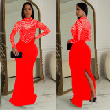 Solid Color Hot Drill Long Sleeve Maxi Dress GFYX-C7043