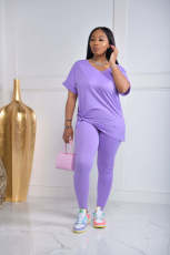 V Neck Solid Color Loose Two Piece Pant Set SXF-A89003