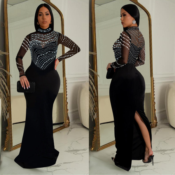Solid Color Hot Drill Long Sleeve Maxi Dress GFYX-C7043