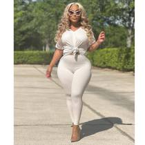 V Neck Solid Color Loose Two Piece Pant Set SXF-A89003