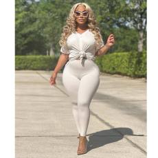 V Neck Solid Color Loose Two Piece Pant Set SXF-A89003