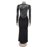 Solid Color Hot Drill Long Sleeve Maxi Dress GFYX-C7043