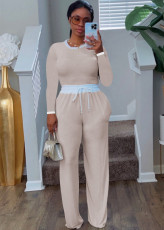 Ribbed Color Clash Long Sleeve Pants Two Piece Set SFY-2787