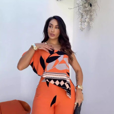 Printed Slash Shoulder Irregular Split Wide Leg Jumpsuit NY-10885