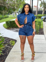 Short Sleeve Lapel Denim Romper LX-6987