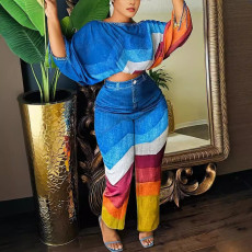 Printed Loose Bat Sleeve Tops Pants Two Piece Set NY-10888