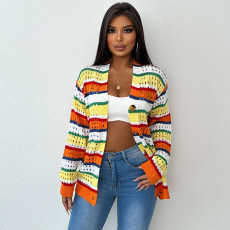 Contrast Color Stripe Hollow Out Knits Coat XEF-53887