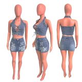 Cross Embroidery Casual Denim Two Piece Skirts Set LX-6021