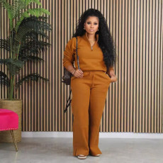 Solid Loose Zipper Drawstring Pants Sport 2-Piece Set BGN-331