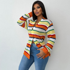 Contrast Color Stripe Hollow Out Knits Coat XEF-53887