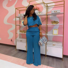 Solid Color Short Sleeve Wide Leg Pants Two Piece Set NY-10887