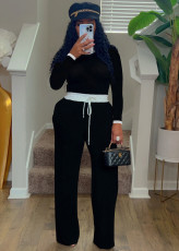 Ribbed Color Clash Long Sleeve Pants Two Piece Set SFY-2787