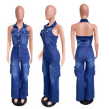 Wash Halter Denim Loose Jumpsuit LX-3577