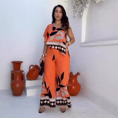 Printed Slash Shoulder Irregular Split Wide Leg Jumpsuit NY-10885