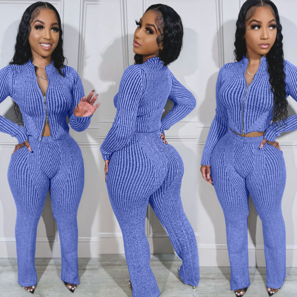 Knit Sweater Zipper Casual Pants Set NYF-8179