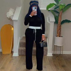 Ribbed Color Clash Long Sleeve Pants Two Piece Set HNIF-2421